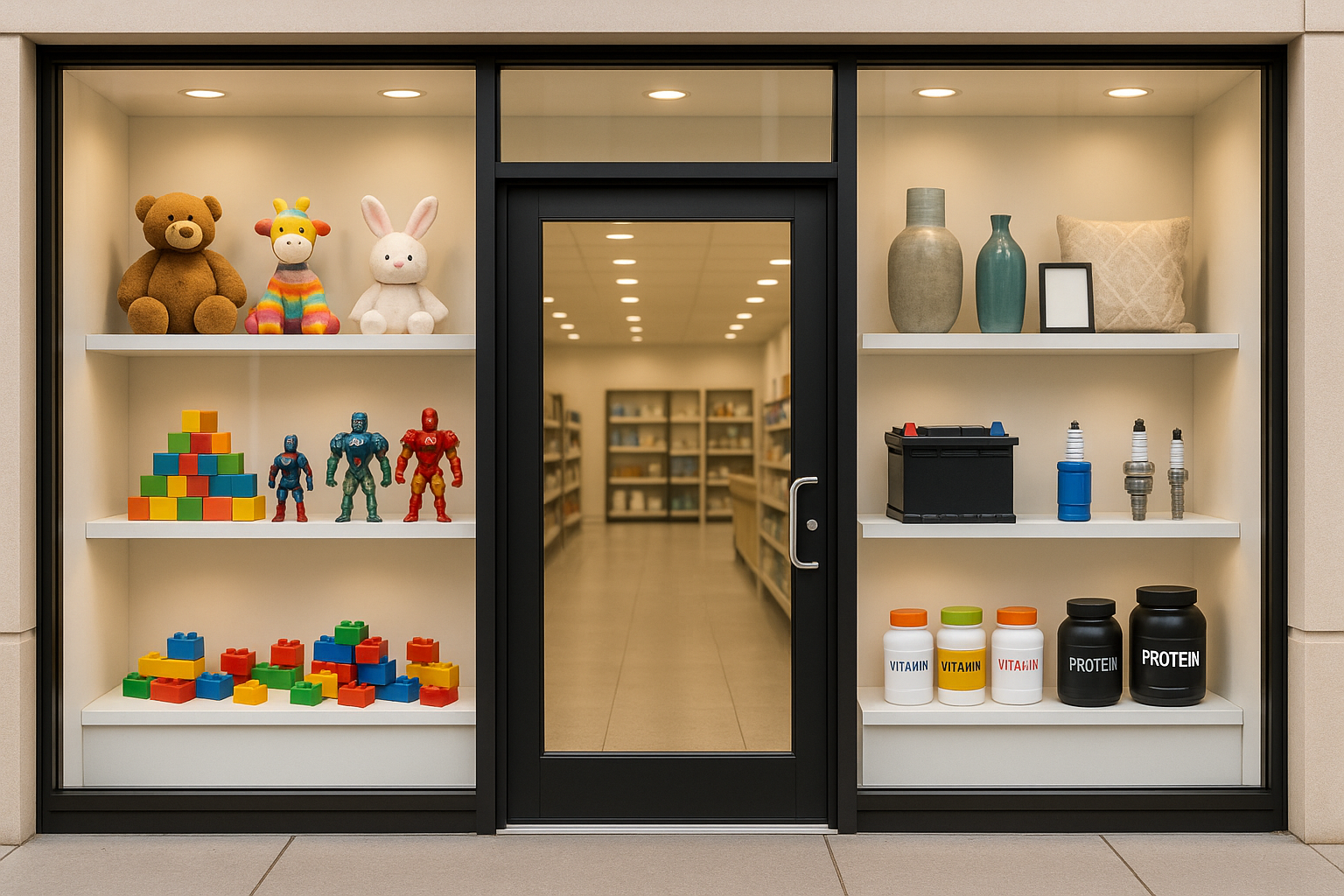 a window display, showing a door at the middle. display shows some toys, home products, auto part products, supplements etc.